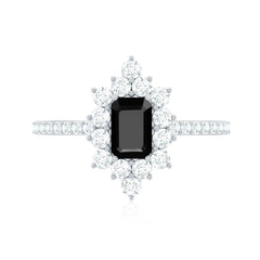 Vintage Inspired Black Onyx Engagement Ring with Diamond Halo
