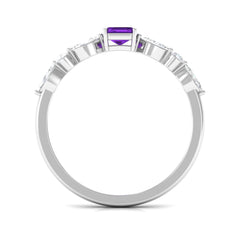 Octagon Amethyst Solitaire Ring with Diamond Side Stones