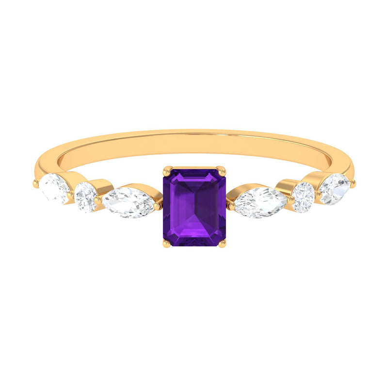 Octagon Amethyst Solitaire Ring with Diamond Side Stones