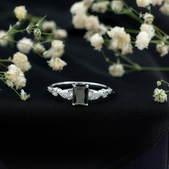 Classic Created Black Diamond Engagement Ring with Moissanite Side Stones