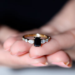 Classic Created Black Diamond Engagement Ring with Moissanite Side Stones