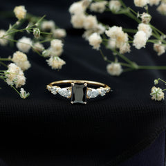 Classic Created Black Diamond Engagement Ring with Moissanite Side Stones