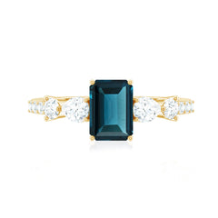 Genuine 6X8mm Emerald Cut London Blue Topaz Engagement Ring with Diamond