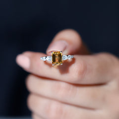 Genuine 6X8mm Citrine Emerald Cut Engagement Ring with Moissanite Side Stones