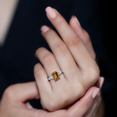 Genuine 6X8mm Citrine Emerald Cut Engagement Ring with Moissanite Side Stones