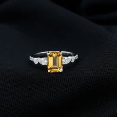 Genuine 6X8mm Citrine Emerald Cut Engagement Ring with Moissanite Side Stones