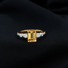 Genuine 6X8mm Citrine Emerald Cut Engagement Ring with Moissanite Side Stones