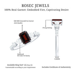 Genuine Garnet Emerald Cut Engagement Ring with Diamond Side Stones