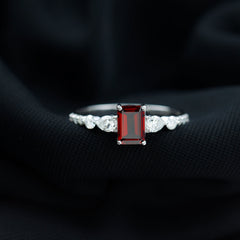 Genuine Garnet Emerald Cut Engagement Ring with Diamond Side Stones