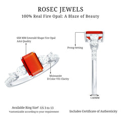 1 Carat Fire Opal Emerald Cut Engagement Ring with Moissanite Side Stones