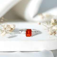 1 Carat Fire Opal Emerald Cut Engagement Ring with Moissanite Side Stones