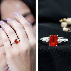 1 Carat Fire Opal Emerald Cut Engagement Ring with Moissanite Side Stones