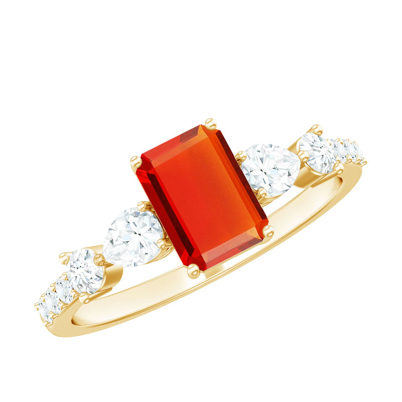 1 Carat Fire Opal Emerald Cut Engagement Ring with Moissanite Side Stones