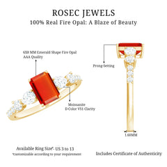 1 Carat Fire Opal Emerald Cut Engagement Ring with Moissanite Side Stones
