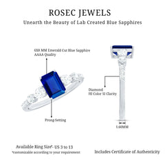 Certified 1.75 Carat Lab Grown Blue Sapphire Emerald Cut Engagement Ring with Diamond Side Stones