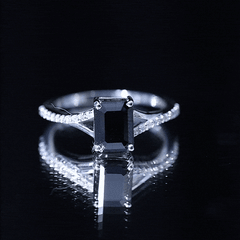 Lab Grown Black Diamond Emerald Cut Engagement Ring with Diamond