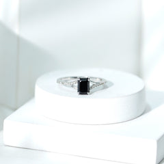 Lab Grown Black Diamond Emerald Cut Engagement Ring with Diamond