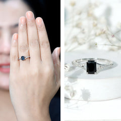 Lab Grown Black Diamond Emerald Cut Engagement Ring with Diamond