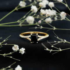 Lab Grown Black Diamond Emerald Cut Engagement Ring with Diamond