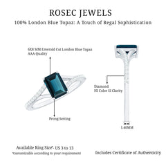 6X8mm Emerald Cut London Blue Topaz Split Shank Engagement Ring with Diamond