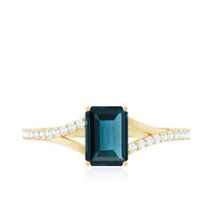 6X8mm Emerald Cut London Blue Topaz Split Shank Engagement Ring with Diamond