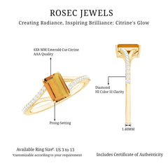 Real Citrine Emerald Cut Engagement Ring with Diamond Split Shank