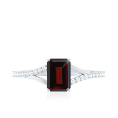Certified Natural Garnet Emerald Cut Engagement Ring with Diamond Split Shank