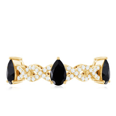 Natural Pear Shape Black Spinel Diamond Eternity Ring with Crossover Band