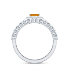 Emerald Cut Citrine Halo Engagement Ring with Moissanite Wedding Band