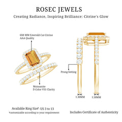 Emerald Cut Citrine Halo Engagement Ring with Moissanite Wedding Band