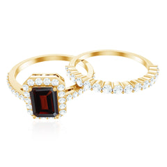 Genuine 6X8mm Emerald Cut Garnet Moissanite Wedding Ring Set of 2