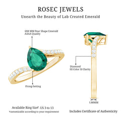 Classic Lab Grown Emerald Diamond Teardrop Engagement Ring with Bypass Shank