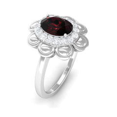 Natural 6X8mm Oval Garnet Flower Engagement Ring with Diamond