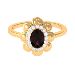 Natural 6X8mm Oval Garnet Flower Engagement Ring with Diamond