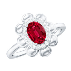 Certified 1.5 Carat Lab Grown Ruby Flower Engagement Ring with Diamond
