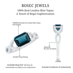 6X8mm Emerald Cut London Blue Topaz East West Engagement Ring with Diamond