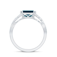 6X8mm Emerald Cut London Blue Topaz East West Engagement Ring with Diamond