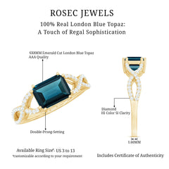 6X8mm Emerald Cut London Blue Topaz East West Engagement Ring with Diamond