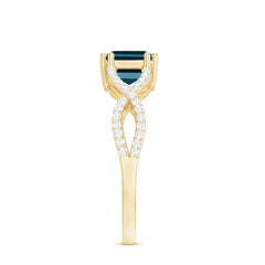 6X8mm Emerald Cut London Blue Topaz East West Engagement Ring with Diamond