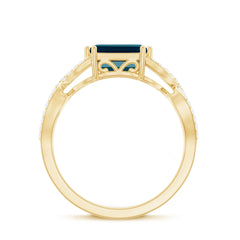 6X8mm Emerald Cut London Blue Topaz East West Engagement Ring with Diamond