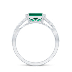 East West Style Lab Grown Emerald Cut Emerald Engagement Ring with Diamond
