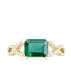 East West Style Lab Grown Emerald Cut Emerald Engagement Ring with Diamond