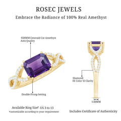 Emerald Cut Amethyst East West Crossover Ring with Diamond