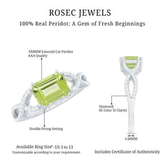 1.8 Carat Emerald Cut Peridot Engagement Ring Diamond Crossover Shank