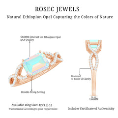 Natural Emerald Cut Opalescent Diamond Engagement Ring in East West Style