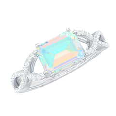 Natural Emerald Cut Opalescent Diamond Engagement Ring in East West Style