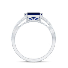 Certified 1.75 Carat Lab Created Blue Sapphire East West Engagement Ring with Diamond Crossover Shank