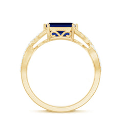 Certified 1.75 Carat Lab Created Blue Sapphire East West Engagement Ring with Diamond Crossover Shank