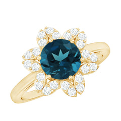 7mm Round London Blue Topaz Floral Engagement Ring with Diamond