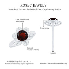 Certified Natural 8mm Garnet Flower Engagement Ring with Diamond